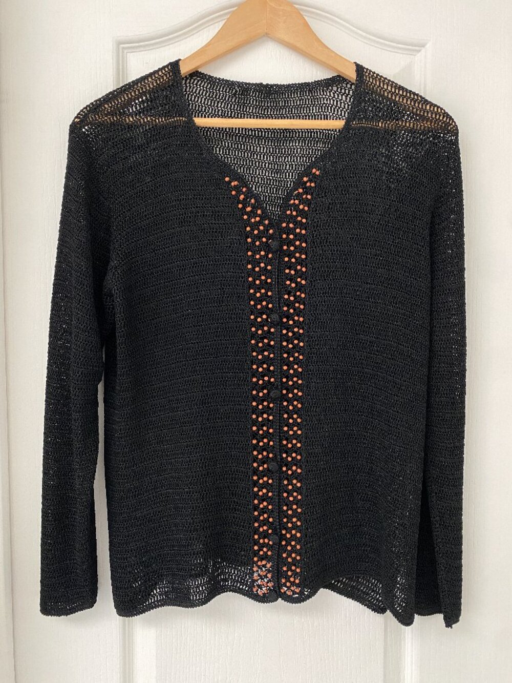 Black Crochet Knit Top with Wooden Bead Detail Boho Open Knit Sweater